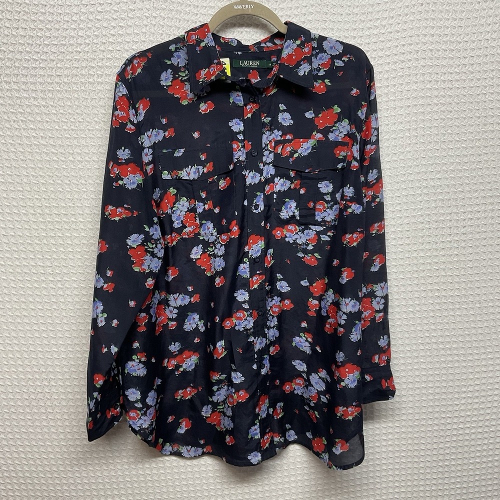 Lauren Ralph Lauren Womens Blue Cotton Silk Blend Button Up Shirt Size 1X Floral